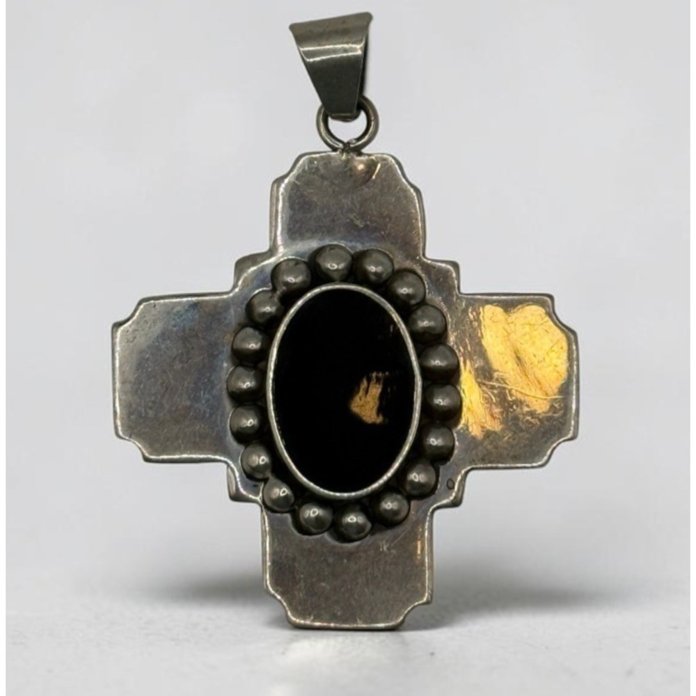 Vintage Sterling Silver Cross Pendant 925 Black Onyx Gothic Flared Mexican